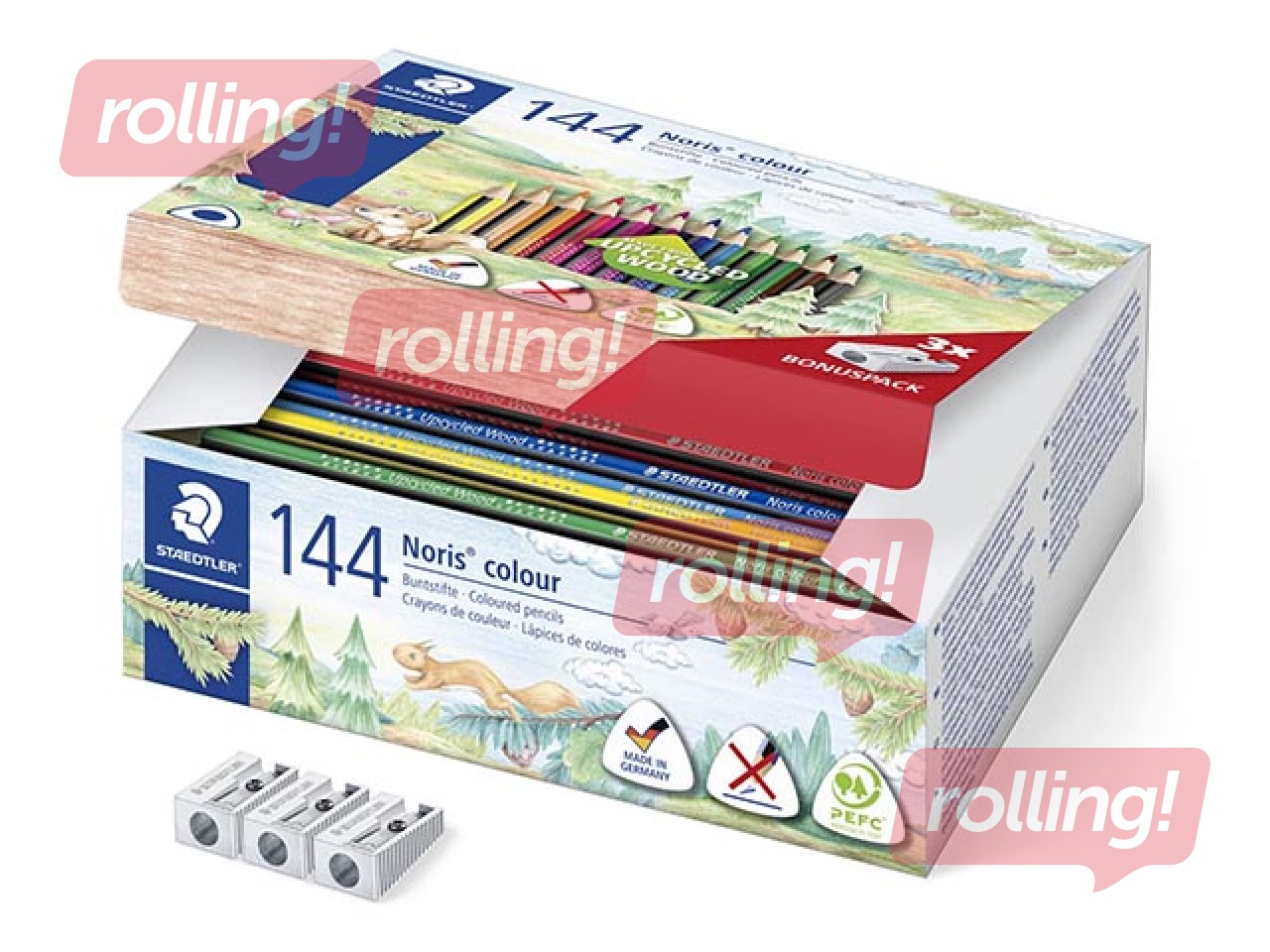 Krāsainie zīmuļi Staedtler 187, kastē 144 zīmuļi un 3 zīmuļu asinātāji