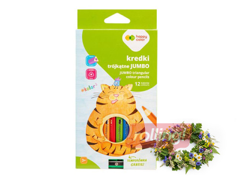 Krāsainie zīmuļi Happy Color, Jumbo, ar asināmo, trīsstūra, 12 krāsas +Līgo dāvana!