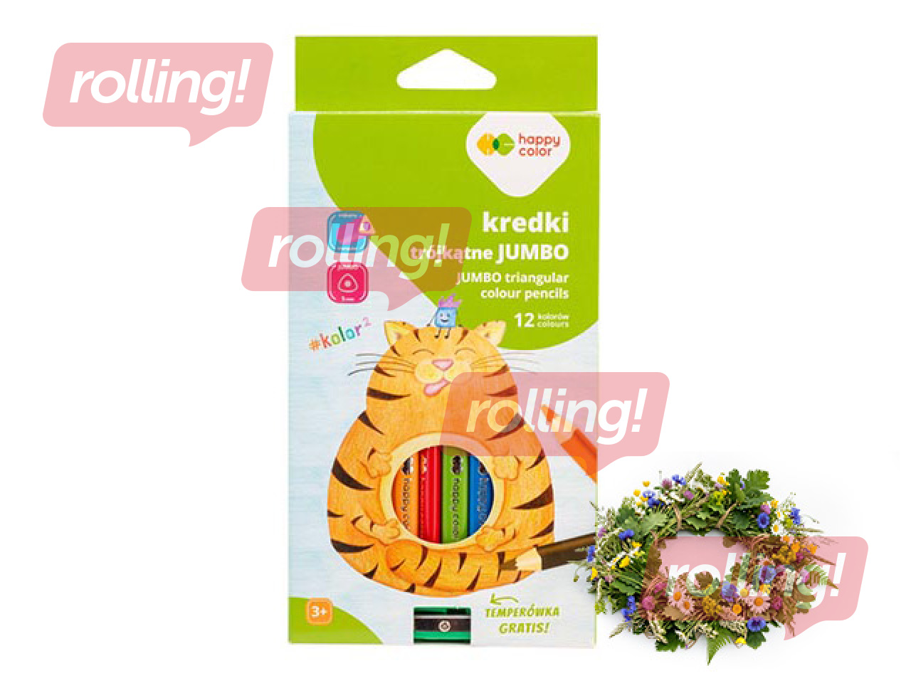 Krāsainie zīmuļi Happy Color, Jumbo, ar asināmo, trīsstūra, 12 krāsas +Līgo dāvana!