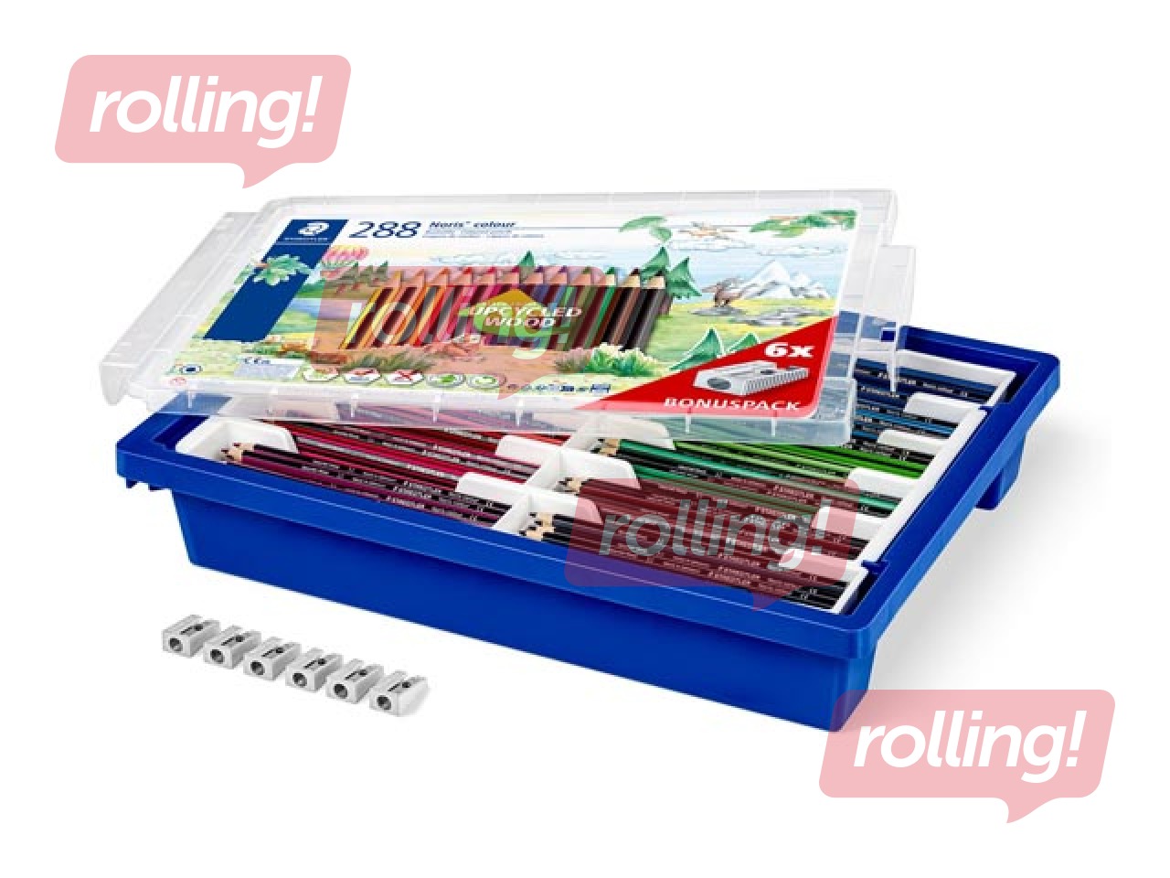 Krāsainie zīmuļi ar asinātājiem Staedtler 185, plastmasas kastē, 288 gab.