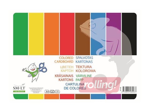 Картон односторонний, A4, разные цвета, 8 листов