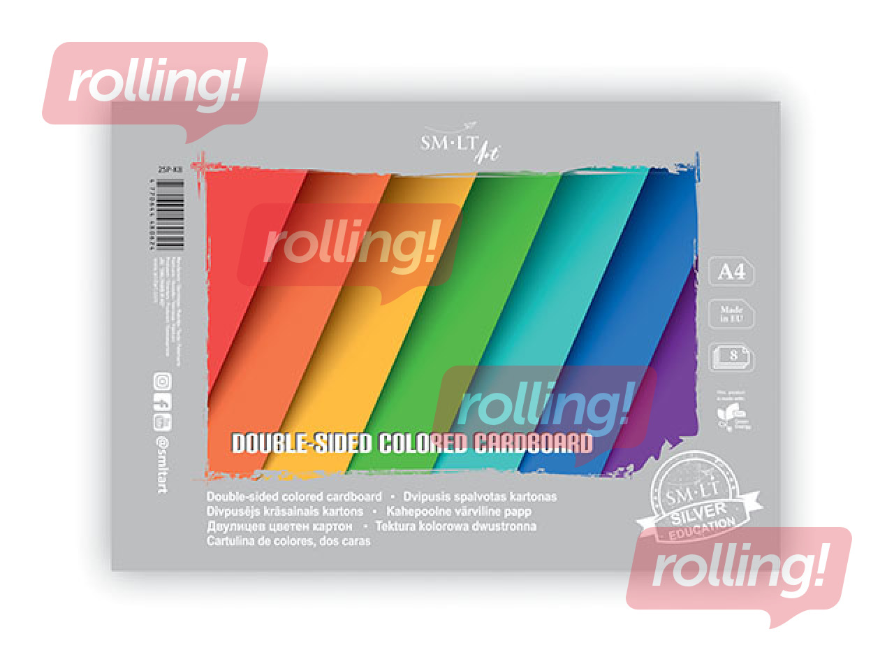 Картон двухсторонний, A4, разные цвета, 8 листов