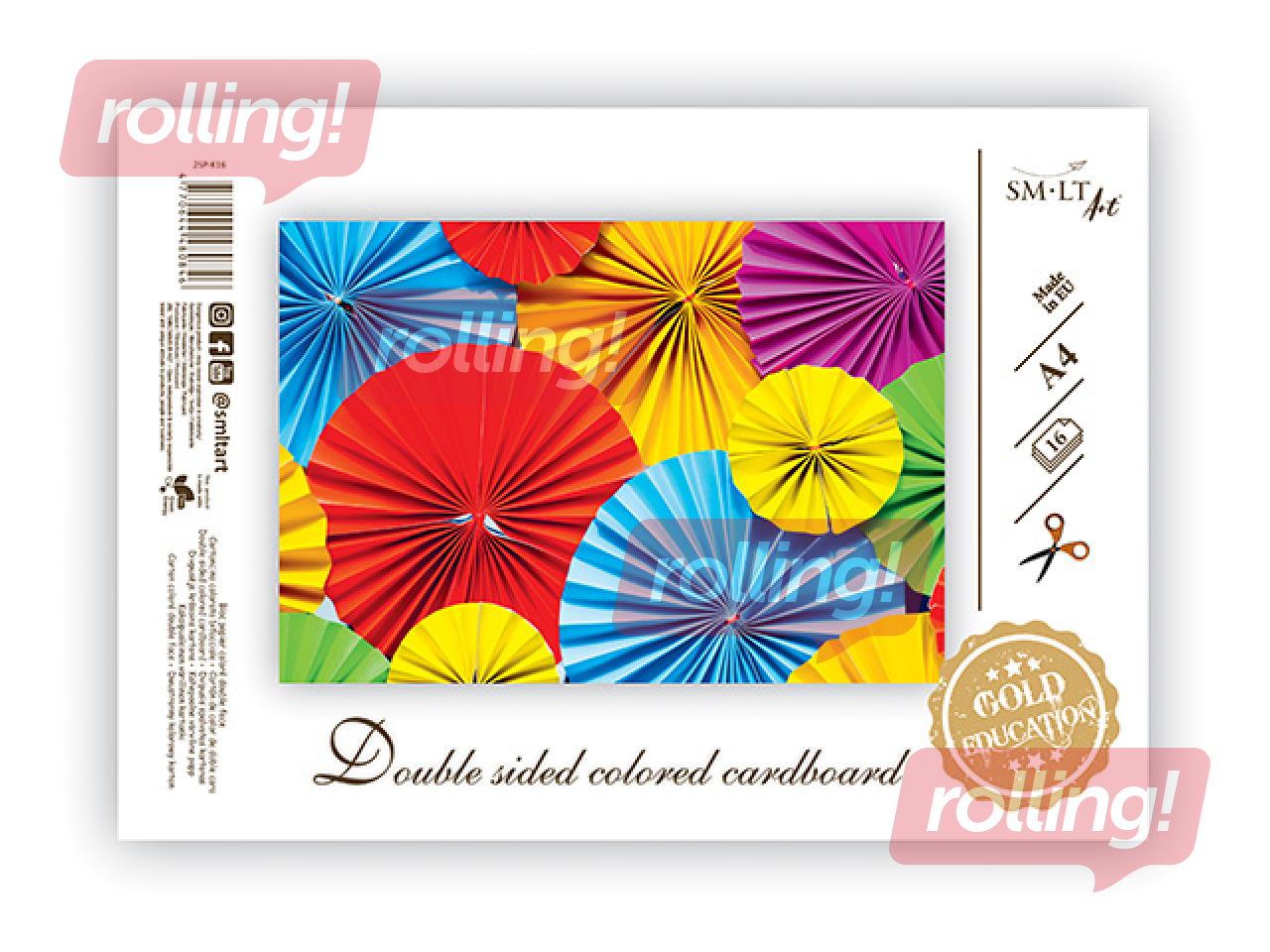 Kartons divpusējs, A4, 190g/m², dažādas krāsas, 16 loksnes