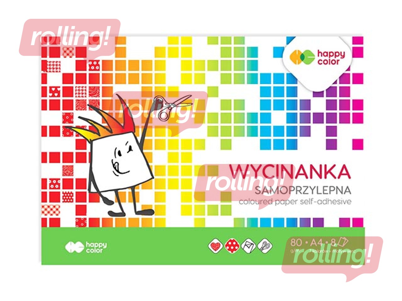 Aplikāciju papīrs glancēts Happy Color, A4, pašlīmējošs, dažādas krāsas, 8 lapas