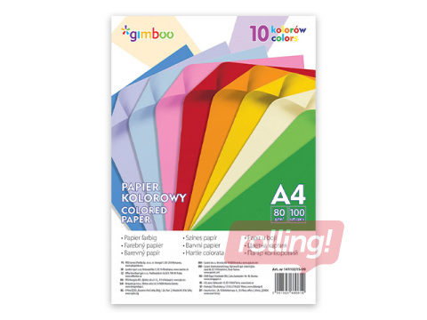 Krāsains papīrs Gimboo, A4, 80g/m2, 100 loksnes, 10 neona krāsas