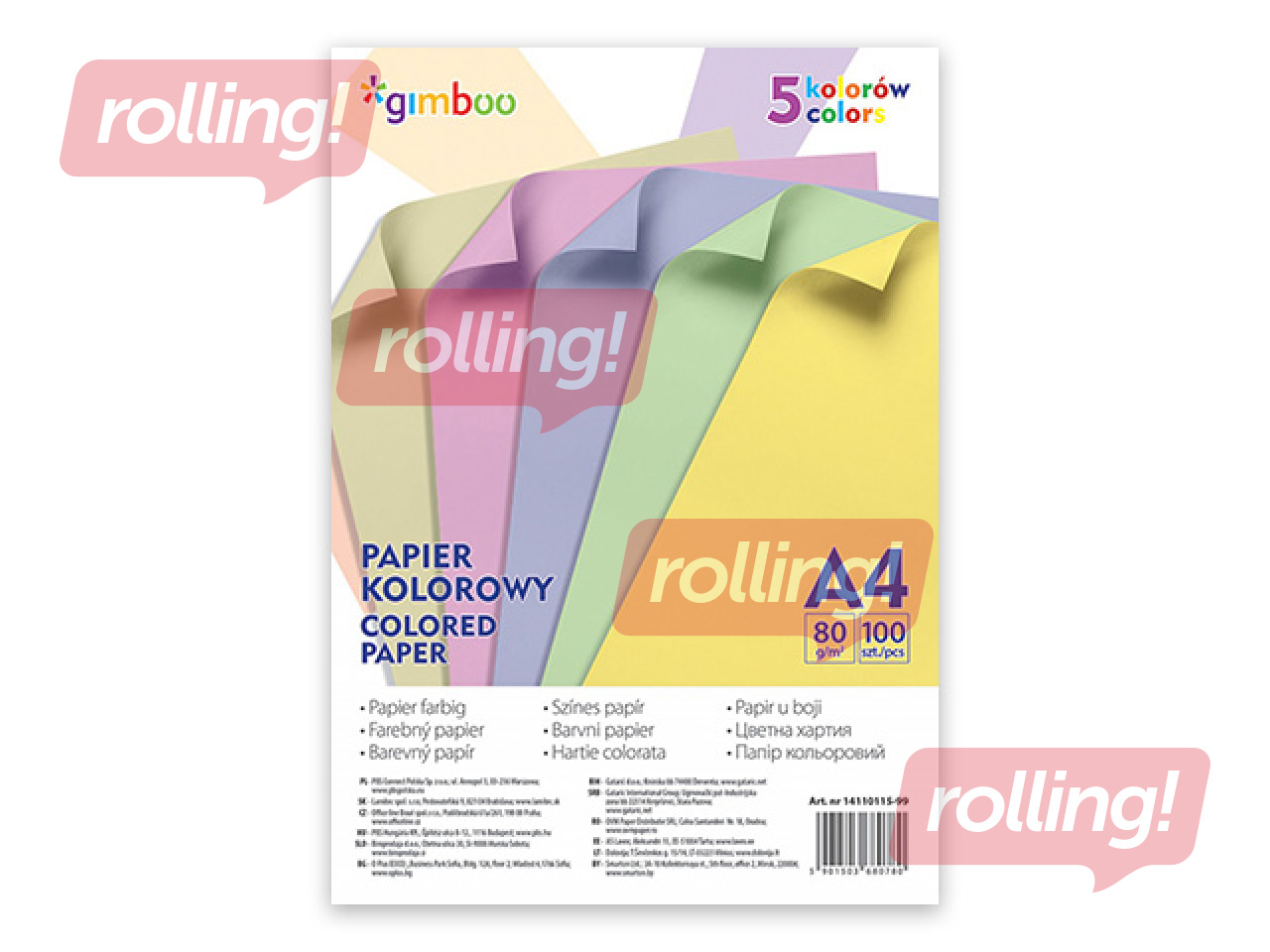 Krāsains papīrs Gimboo, A4, 80g/m2, 100 loksnes, 5 pasteļkrāsas