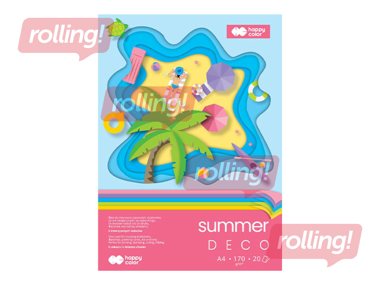 Дизайнерский бумажный блок Summer, A4, 170г/м², 5 тонов, 20 листов