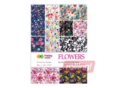 Dizaina papīrs ar motīvu Flowers, A4, 80g/m², 15 loksnes, 25 puķu motīvi
