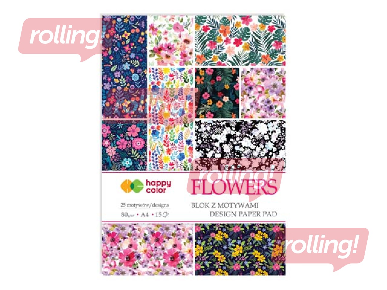 Dizaina papīrs ar motīvu Flowers, A4, 80g/m², 15 loksnes, 25 puķu motīvi