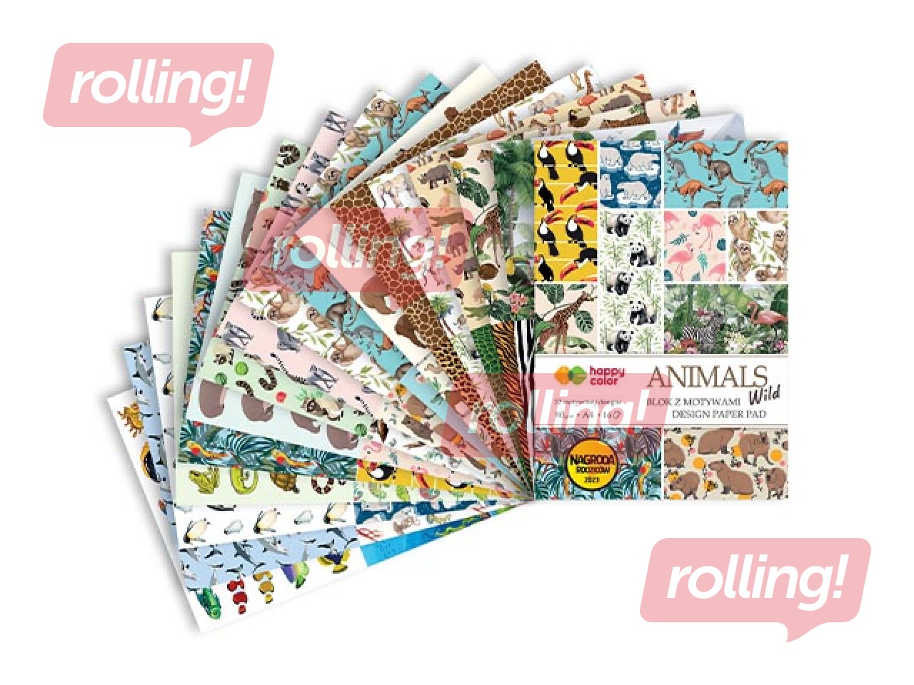 Dizaina papīrs ar motīvu Animals Wild, A4, 16 loksnes, 32 motīvi, 80g/m²