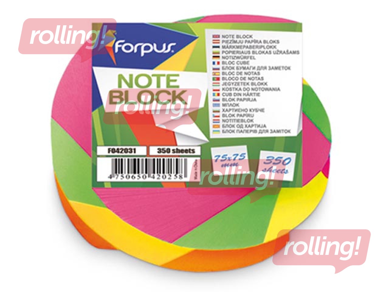 Piezīmju papīrs Fopi Twisted, līmēts, 75x75 cm, 350 lapas, spilgtas neona krāsas