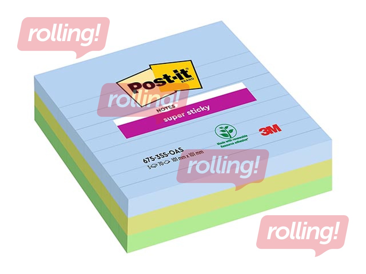 Līmlapiņas Post-It Super Sticky, līniju, dažādās krāsās, 100x100mm, 3x70 lapiņas