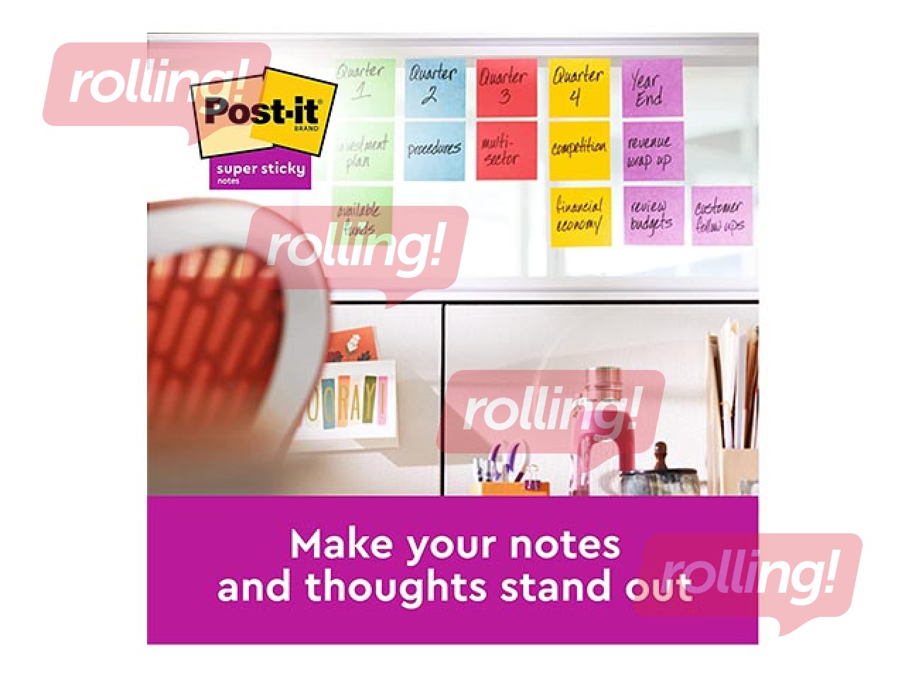 Līmlapiņas Post-It Super Sticky, līniju, dažādās krāsās, 100x100mm, 3x70 lapiņas