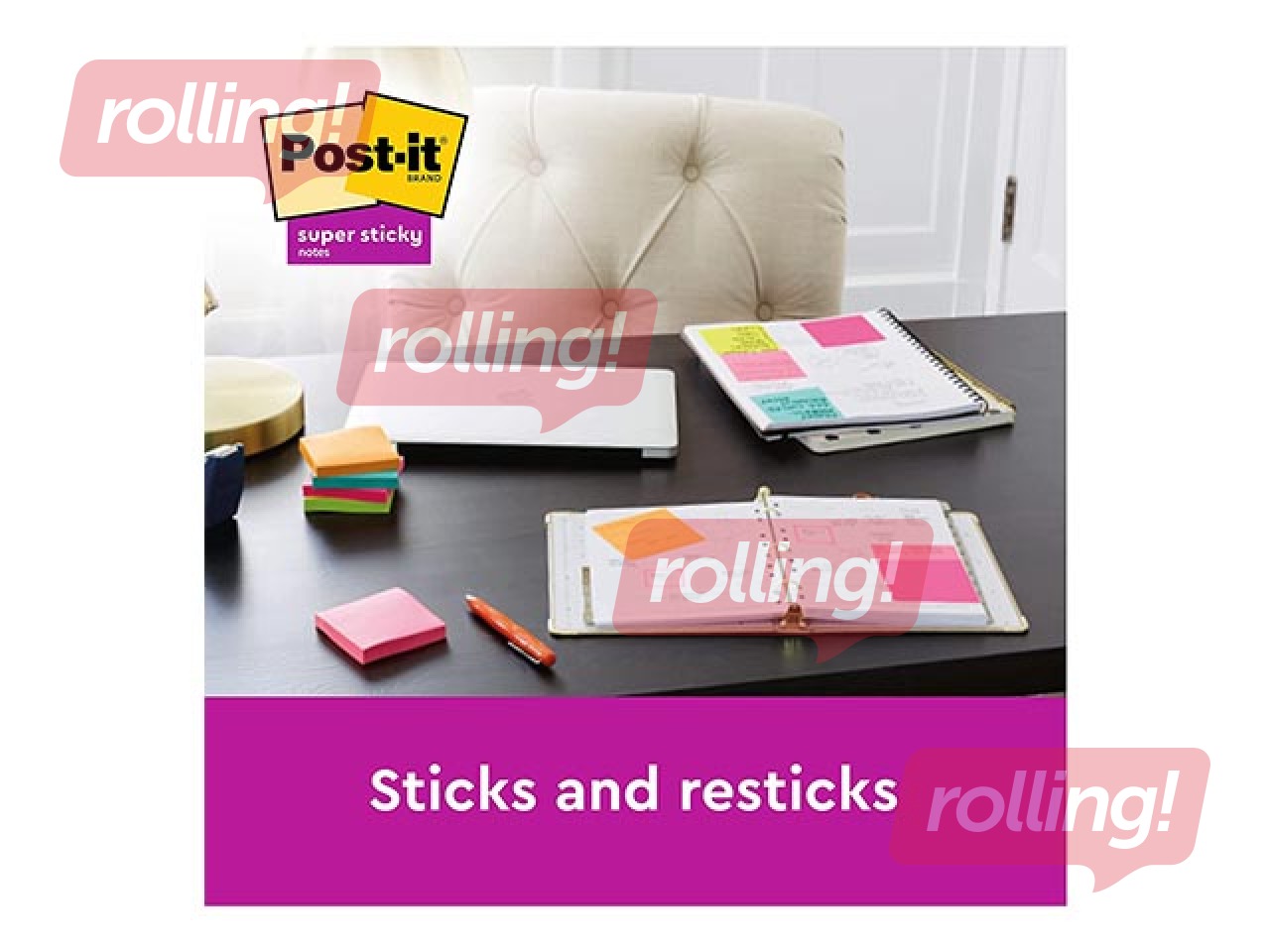 Līmlapiņas Post-It Super Sticky, līniju, dažādās krāsās, 100x100mm, 3x70 lapiņas
