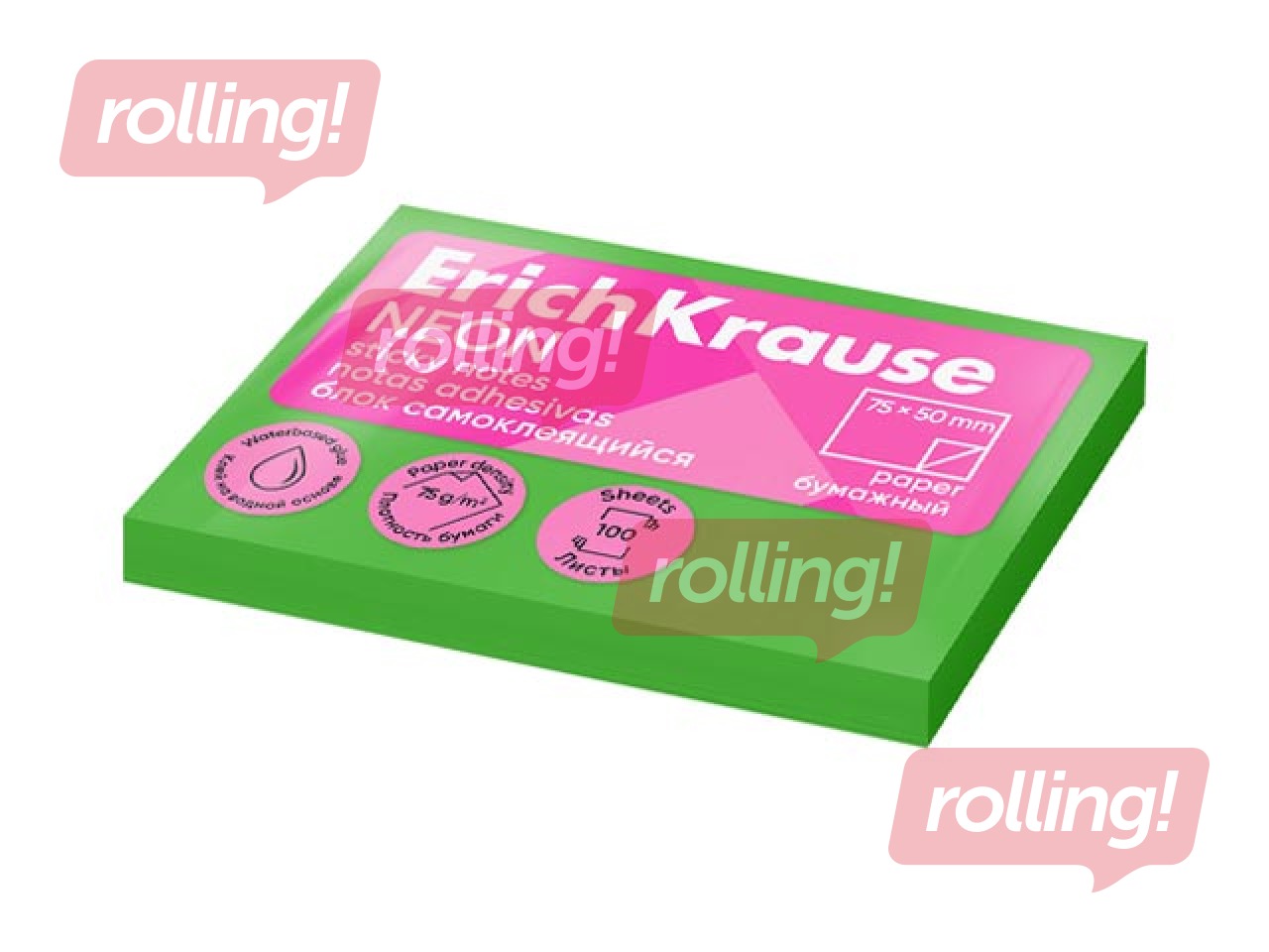 Līmlapiņas ErichKrause, neona zaļas, 50x75mm, 100 lapiņas