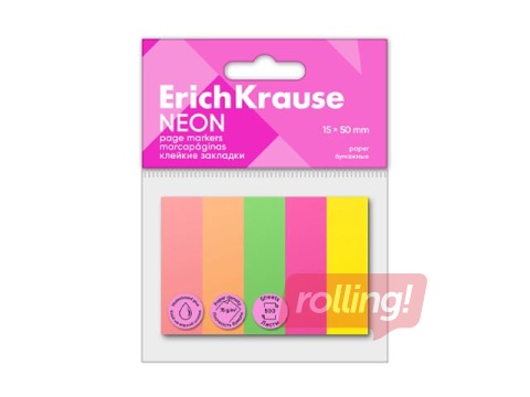 Marķēšanas indeksi ErichKrause, papīra, dažādas neona krāsas, 15x50mm, 5 krāsas pa 100 gab.