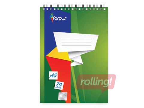 Piezīmju bloknots ar spirāli Forpus, papīra vāks, A5, rūtiņu, 70 lapas