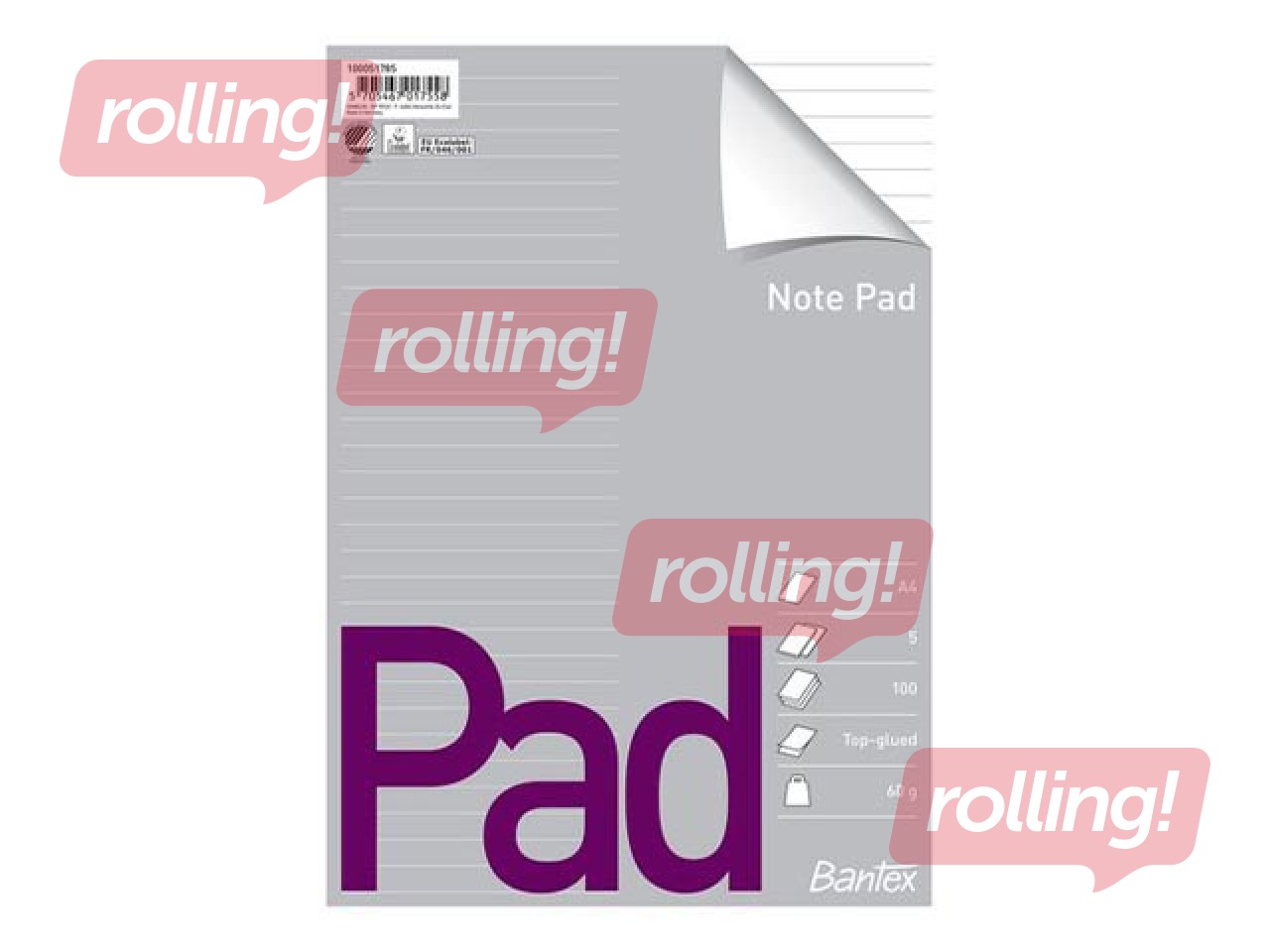 Piezīmju bloknots Bantex, A4, līmēts, līniju, 100 lapas