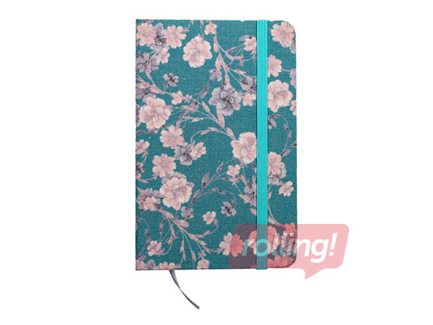 Piezīmju grāmata cietos vākos Flowers, ar gumiju, gaiši zila, A7, 80 lapas