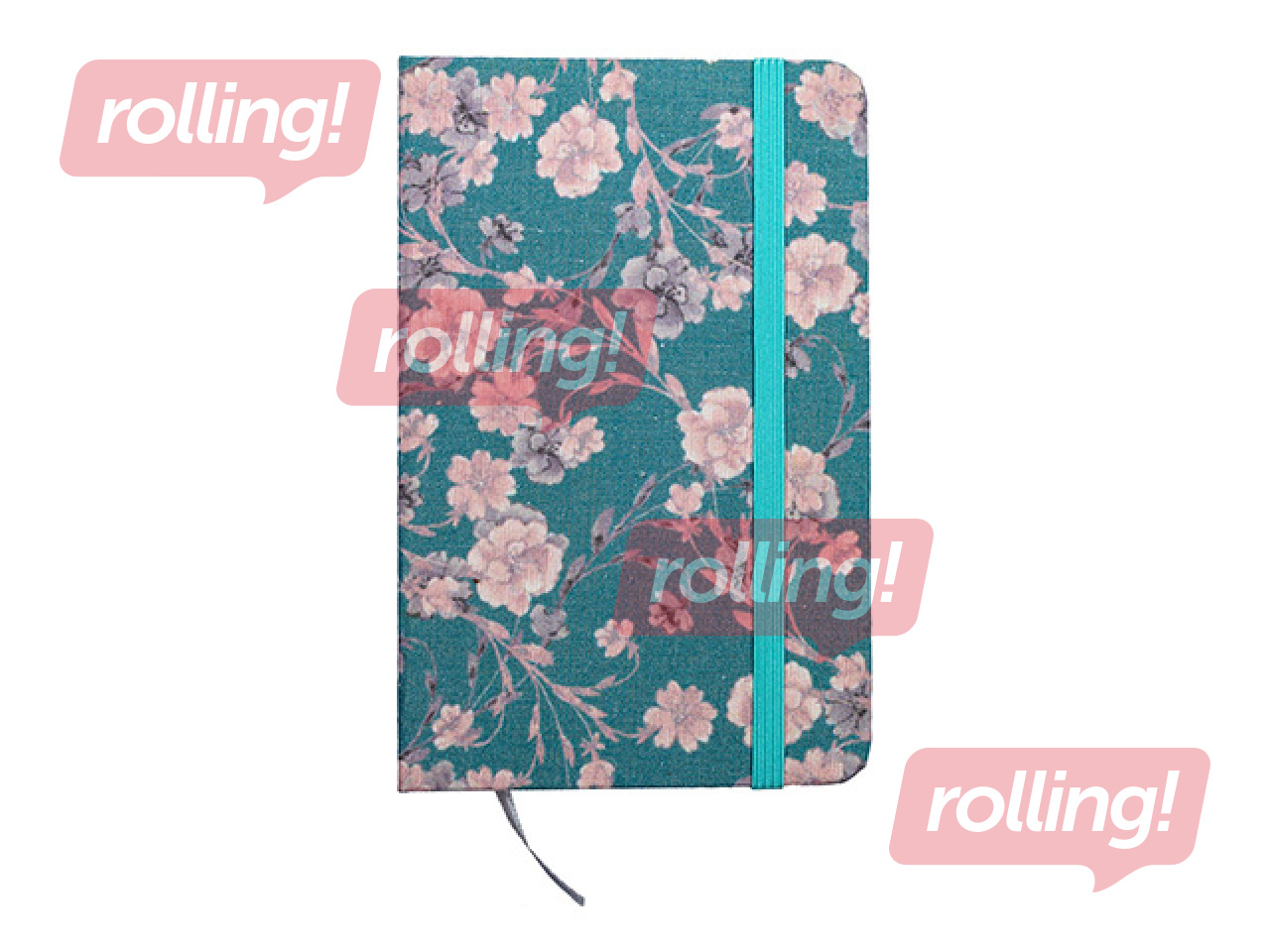 Piezīmju grāmata cietos vākos Flowers, ar gumiju, gaiši zila, A7, 80 lapas