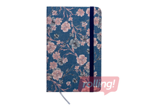 Piezīmju grāmata cietos vākos Flowers, ar gumiju, zila, A7, 80 lapas
