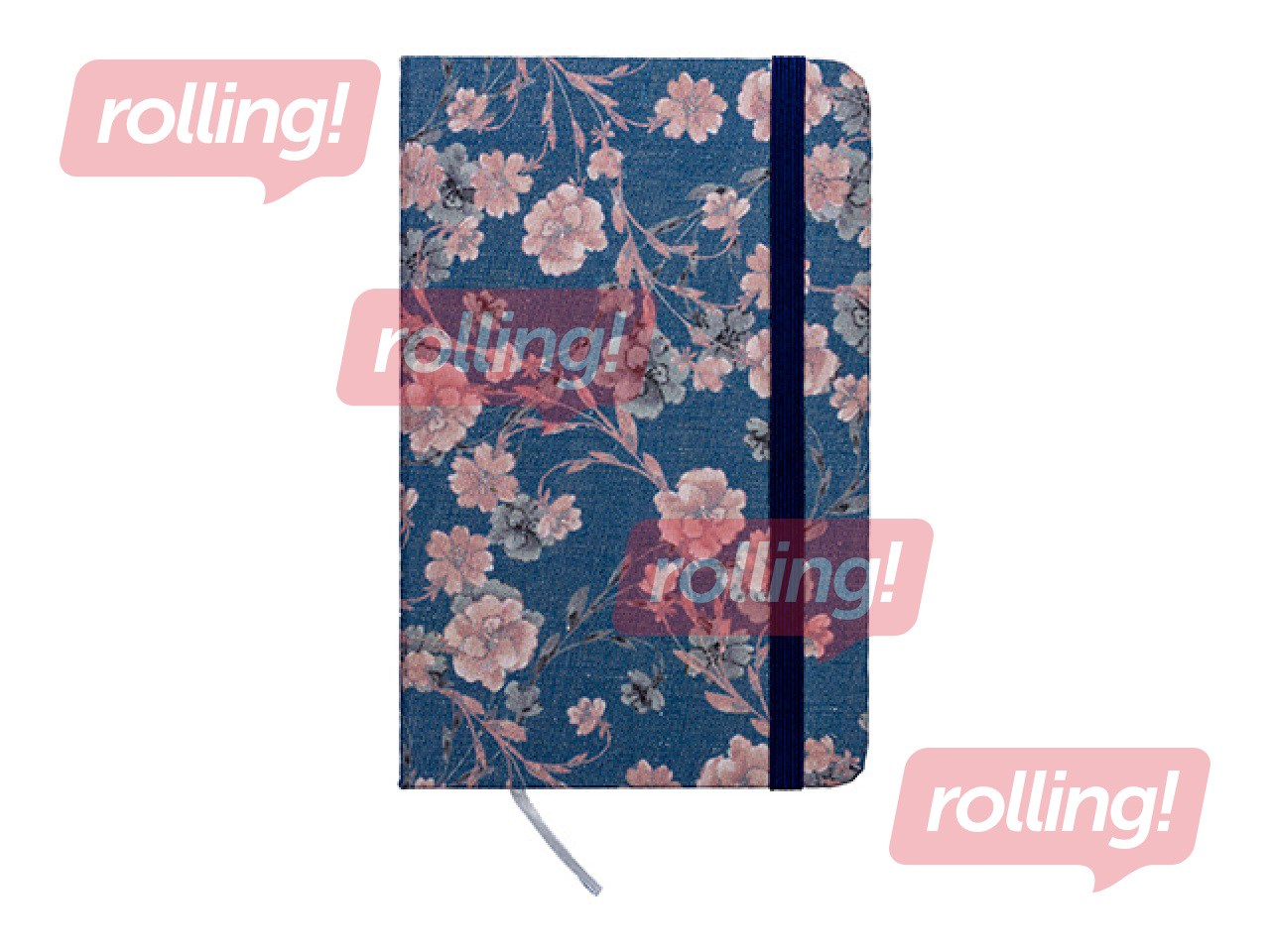 Piezīmju grāmata cietos vākos Flowers, ar gumiju, zila, A7, 80 lapas