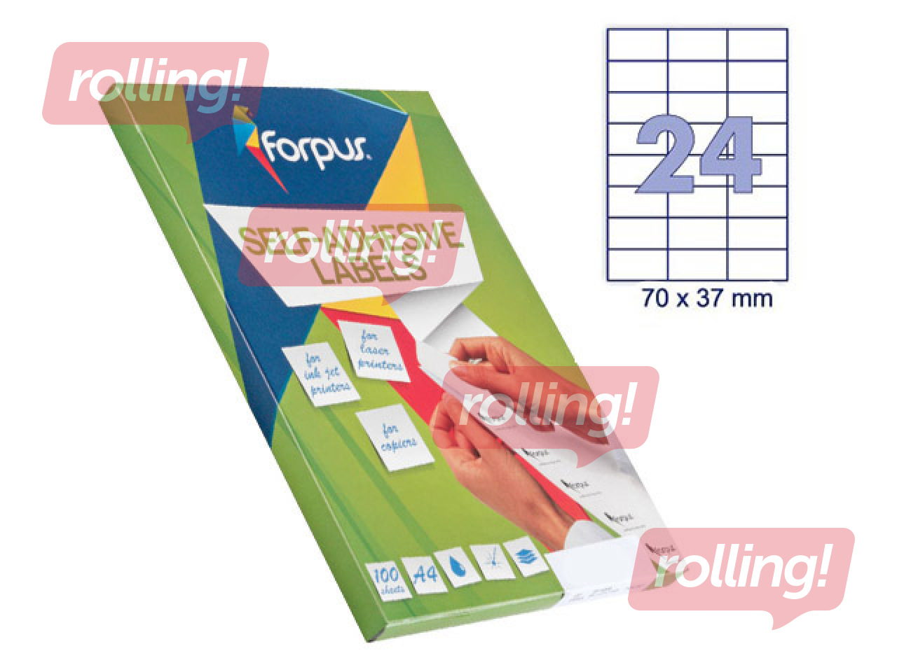 Наклейки Forpus, A4, 70x37мм, 100 листов, белые