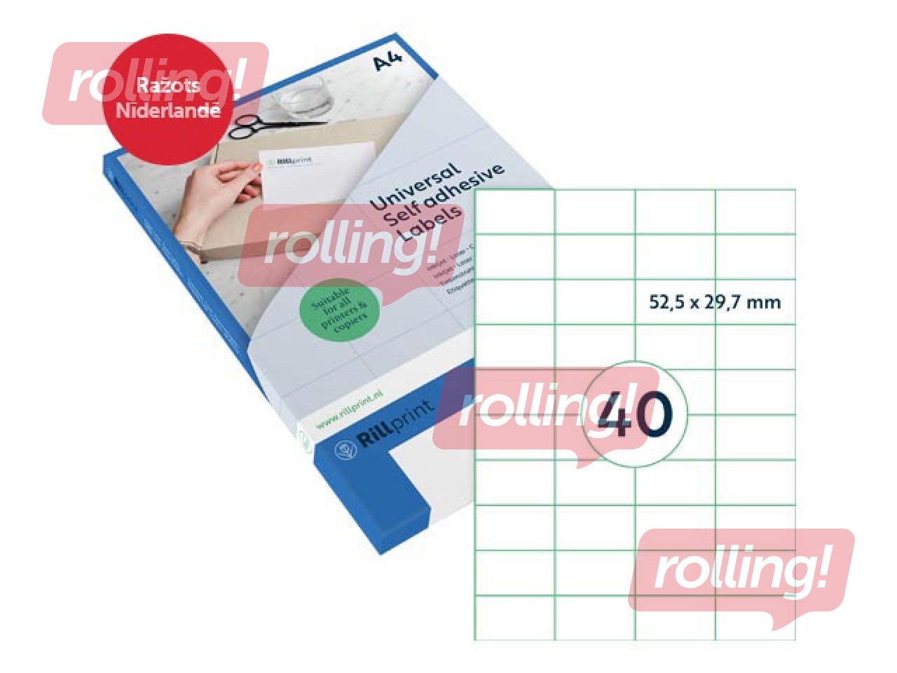 Наклейки Rillprint, A4, 52.5x29.7 мм, 100 листов, белые 