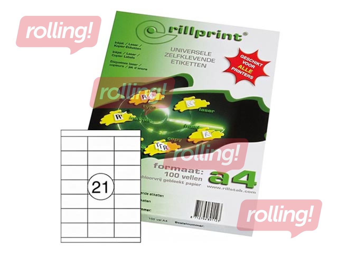 Uzlīmes Rillprint, A4, 70x41 mm,100 loksnes, baltas 