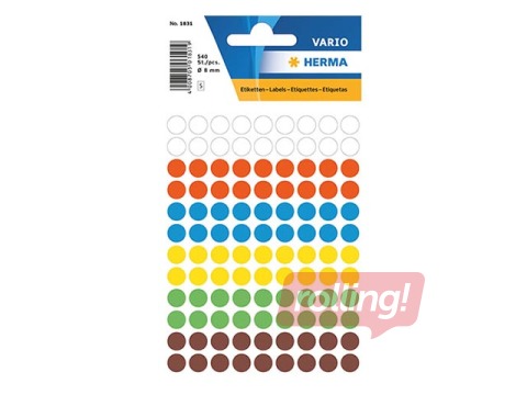 Наклейки - кружочки Herma, 8 мм, ассорти цветов 540  шт.
