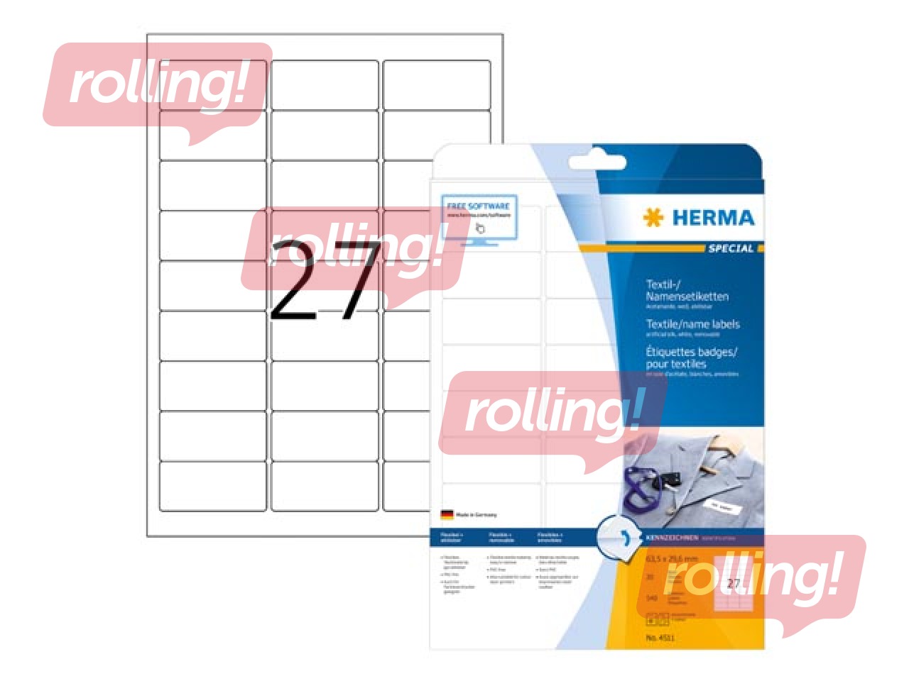 Наклейки Herma, A4, 63,5 x 29,6 мм, 20 листов, белые, для ткани