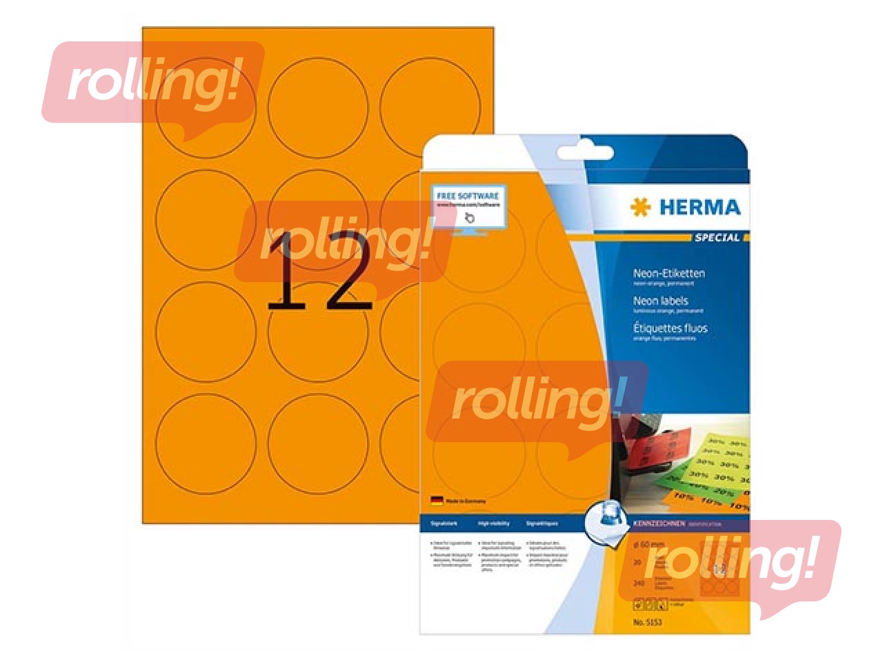 Uzlīmes Herma, A4, Ø 60 mm, 20 loksnes, noturīgas, neonoranžas