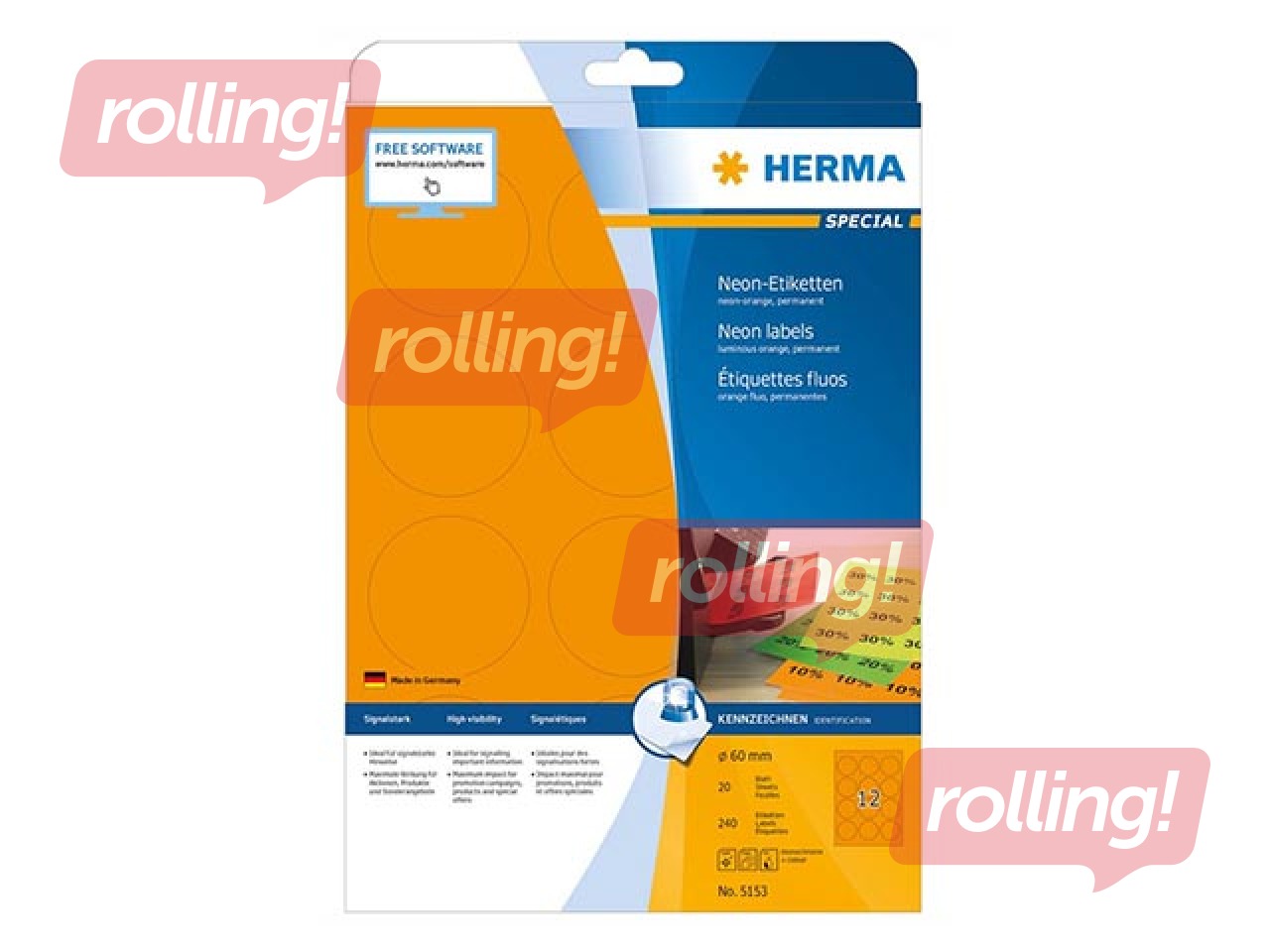 Uzlīmes Herma, A4, Ø 60 mm, 20 loksnes, noturīgas, neonoranžas