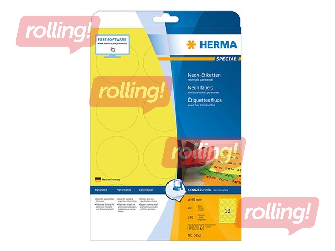Uzlīmes Herma, A4, Ø 60 mm, 20 loksnes, noturīgas, neondzeltenas