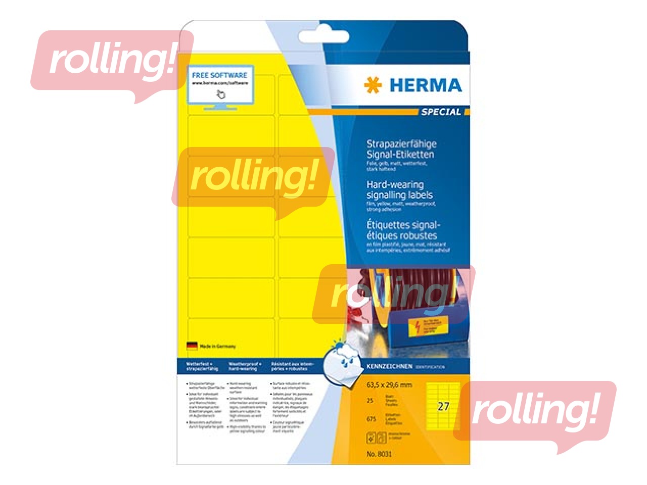 Uzlīmes Herma Special, A4, 63.5x29.6 mm, 25 loksnes, dzeltenas, noturīgas