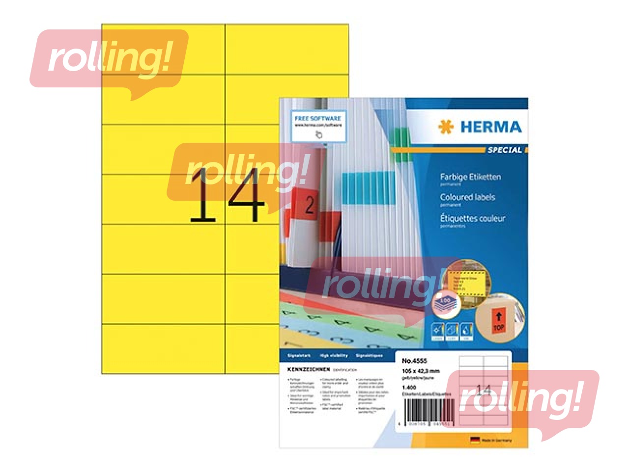 Uzlīmes Herma, A4, 105x42.3 mm, 100 loksnes, dzeltenas