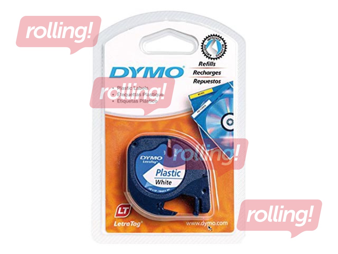 Marķēšanas lente Dymo, 12 mm x 4 m, plastikāta, melni burti uz balta fona