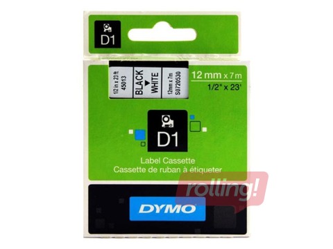 Markeerimislint Dymo D1, 12 mm x 7 m, valge, mustad tähed (S0720530)