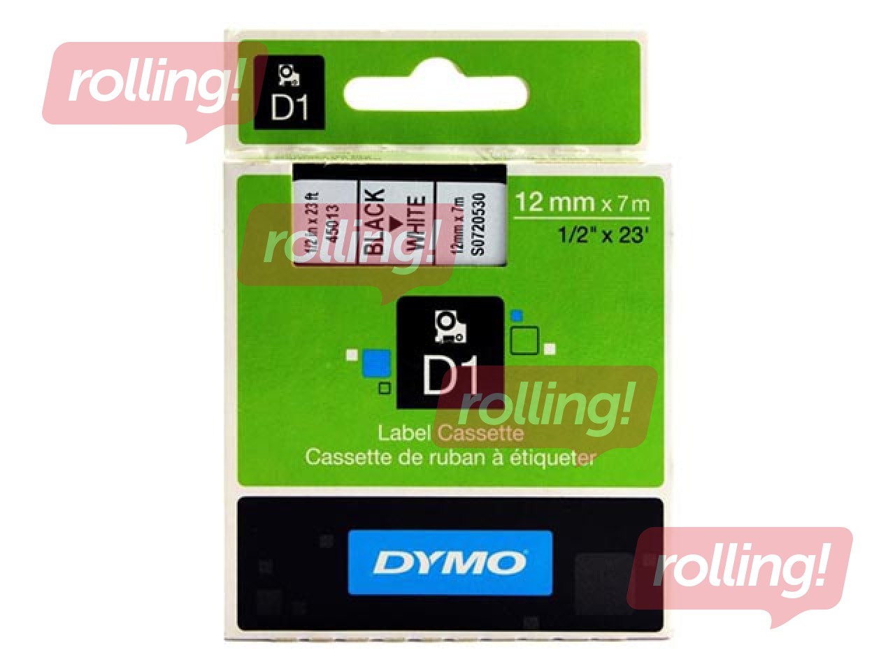 Marķēšanas lente Dymo D1, 12 mm x 7m, melni burti uz balta fona (S0720530)