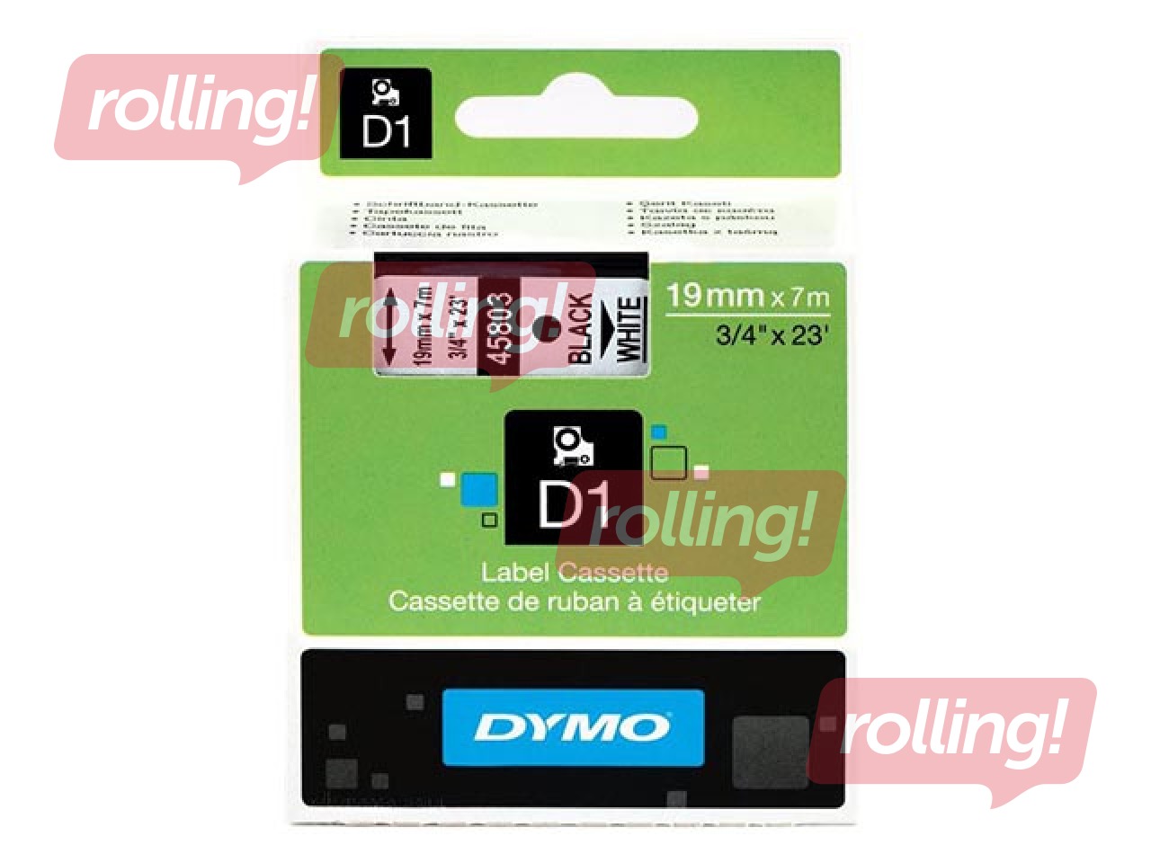 Marķēšanas lente Dymo D1,19 mm x 7m, melni burti uz balta fona