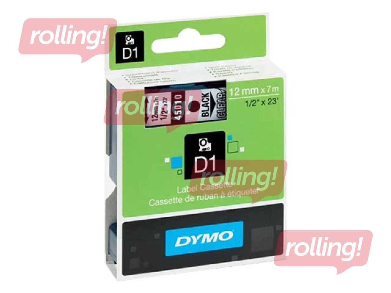 Маркировочная лента Dymo D1, 12 мм x 7м, прозрачная, чёрные буквы буквы