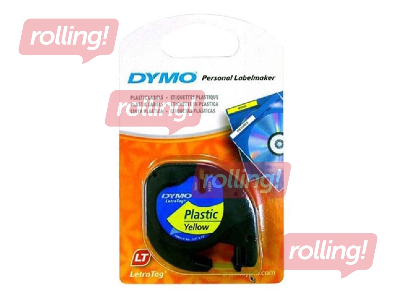 Marking label Dymo, 12 mm x 4 m, plastic, yellow, black letters