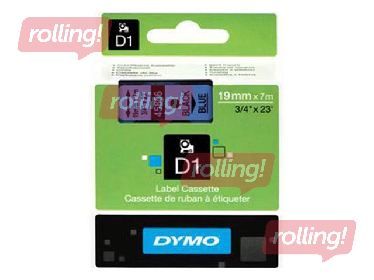 Marķēšanas lente DYMO D1, 12 mm x 7 m, melni burti uz zila fona 