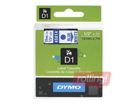Marķēšanas lente DYMO D1, 12 mm x 7 m, zili burti uz balta fona 