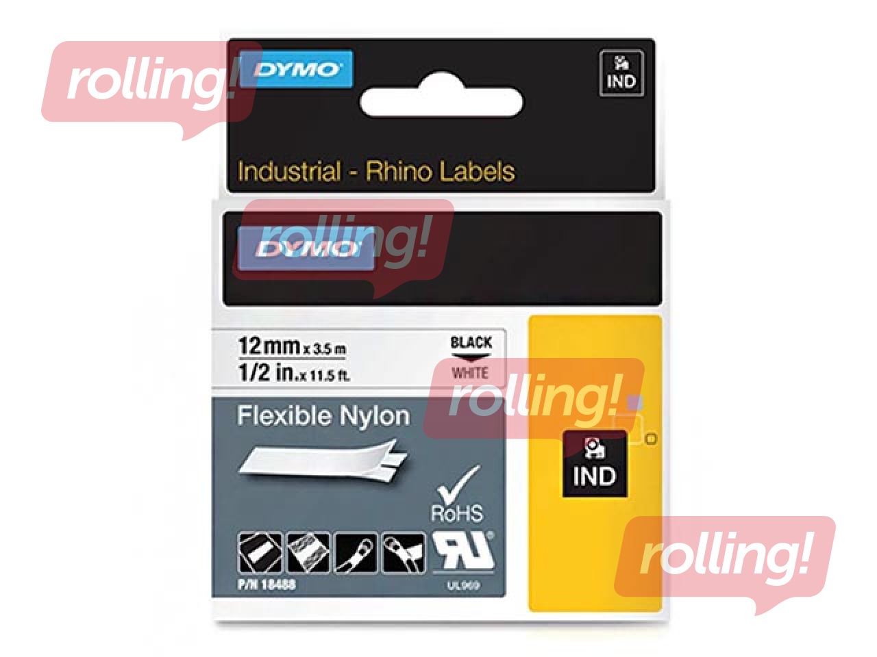 Marķēšanas lente Dymo Rhino, 12 mm x 3.5 m, melni burti uz balta fona 