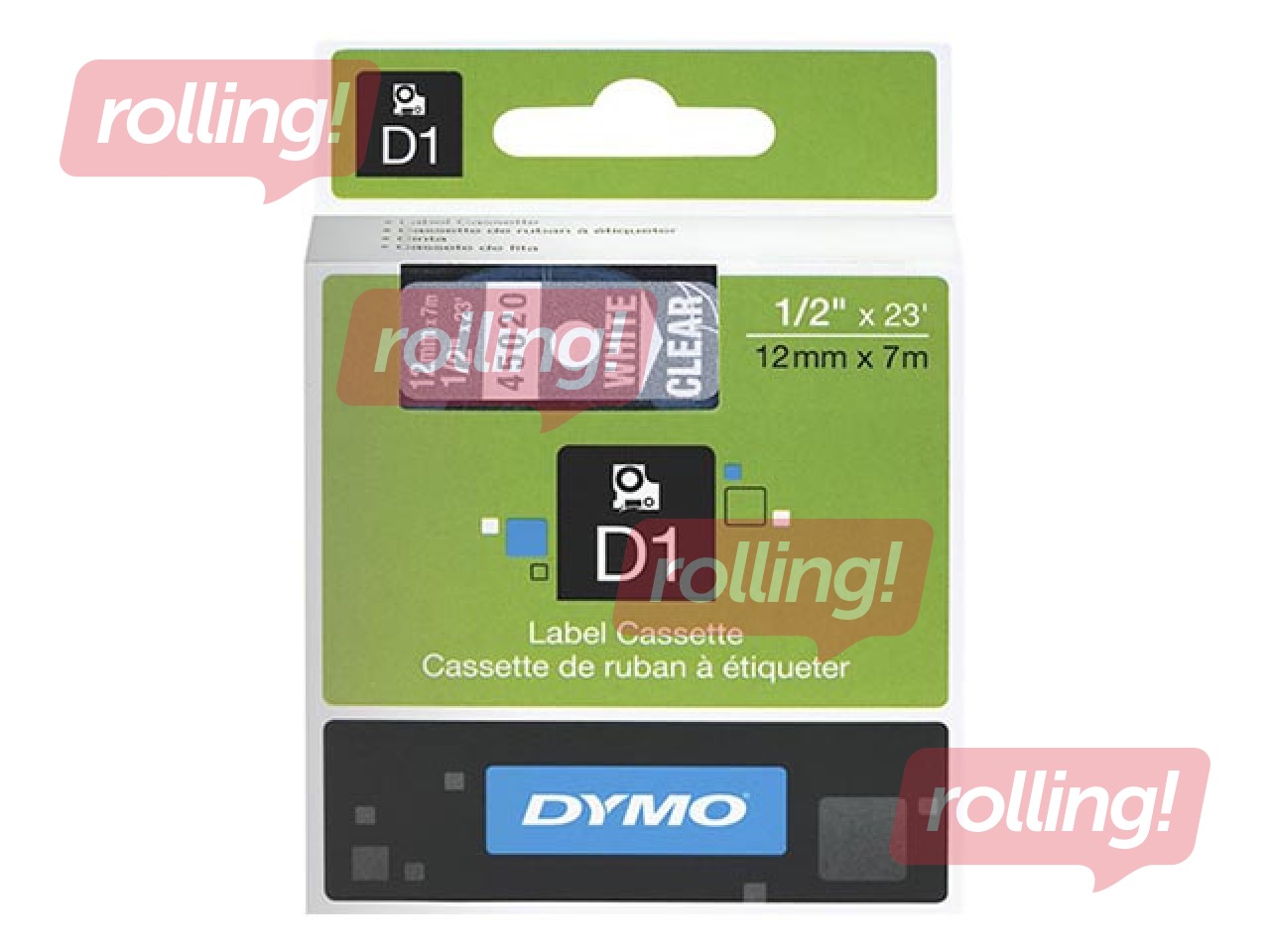 Marķēšanas lente Dymo D1, 12 mm x 7m, balti burti uz caurspīdīga fona