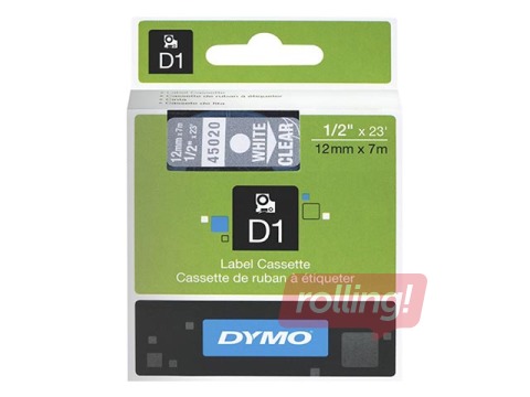 Маркировочная лента Dymo D1, 12 mm x 7m, прозрачная, белые буквы