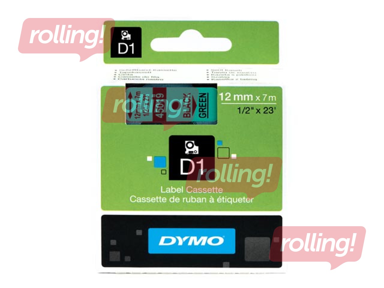 Marķēšanas lente DYMO D1, 12 mm x 7 m, melni burti uz zaļa fona 