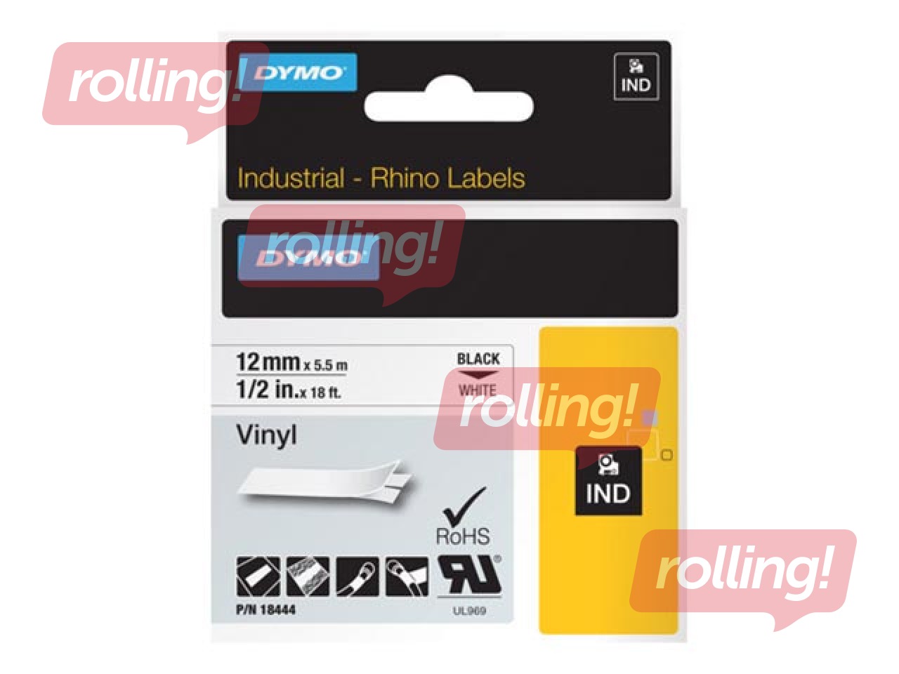 Dymo Rhino White Vinyl Tape - 12mm, Black Text