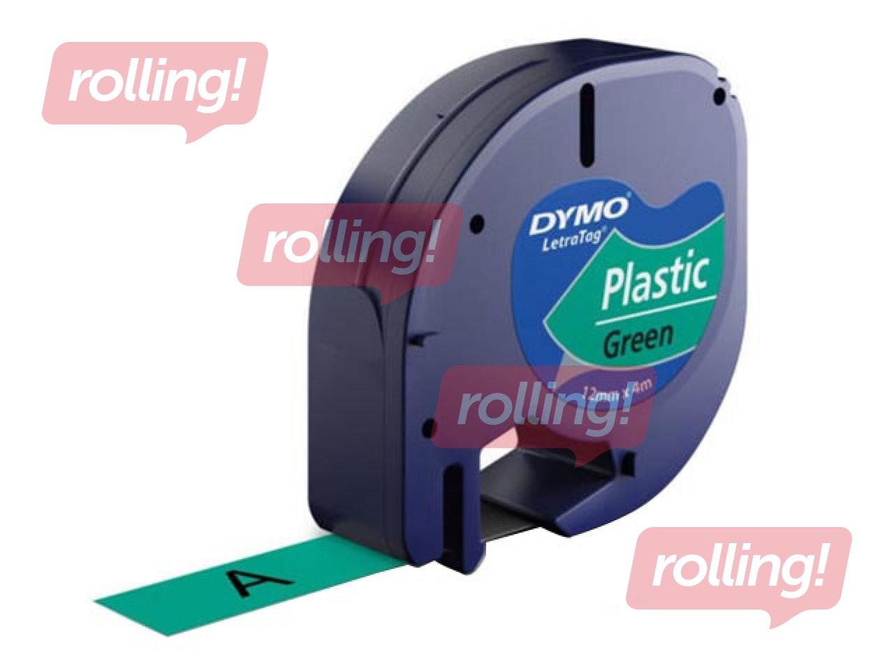 Marķēšanas lente Dymo, 12 mm x 4 m, plastikāta, melni burti uz zaļa fona